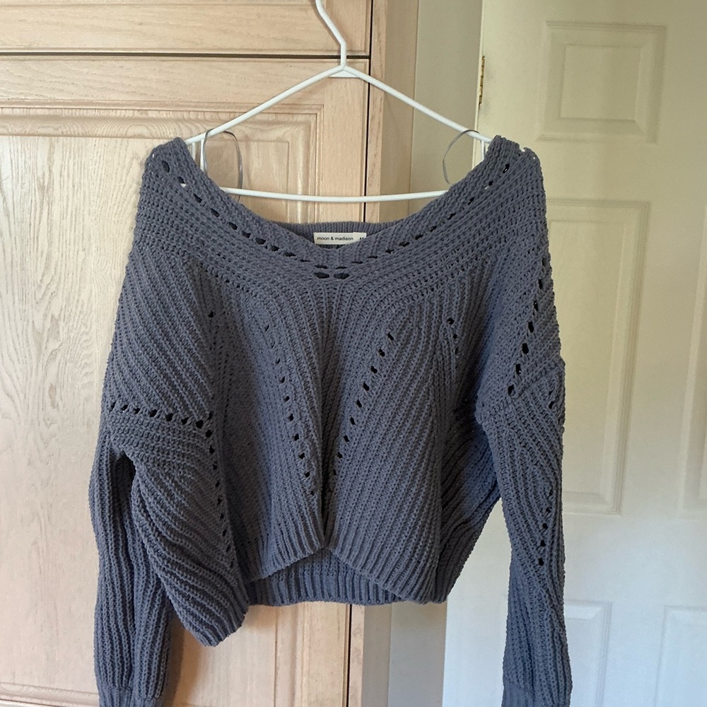 Blueish Gray Off-the-Shoulder Sweater